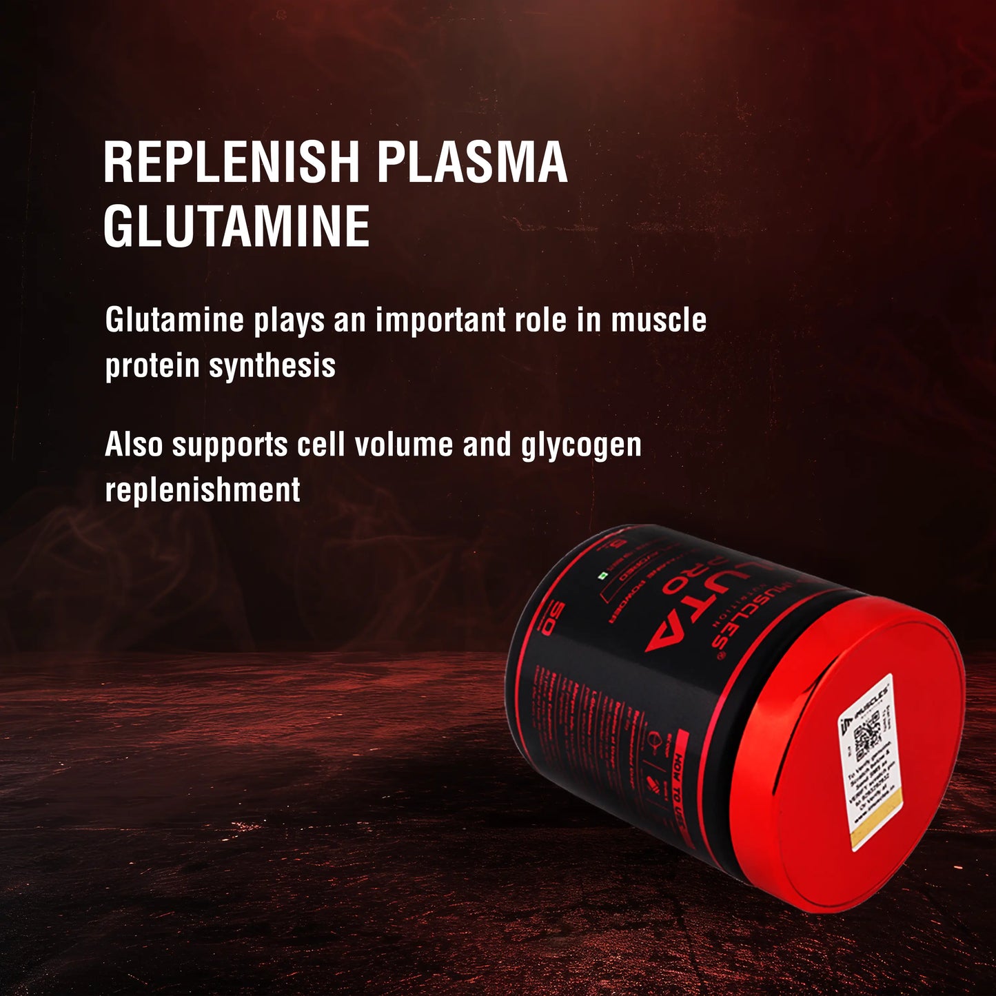 iMuscles Nutrition banner for Gluta Pro, a high-strength 100% L-Glutamine powder. The image shows a hand holding a 250g black and red tub against a dark textured background. Text highlights muscle recovery, immunity support, and gut health benefits.