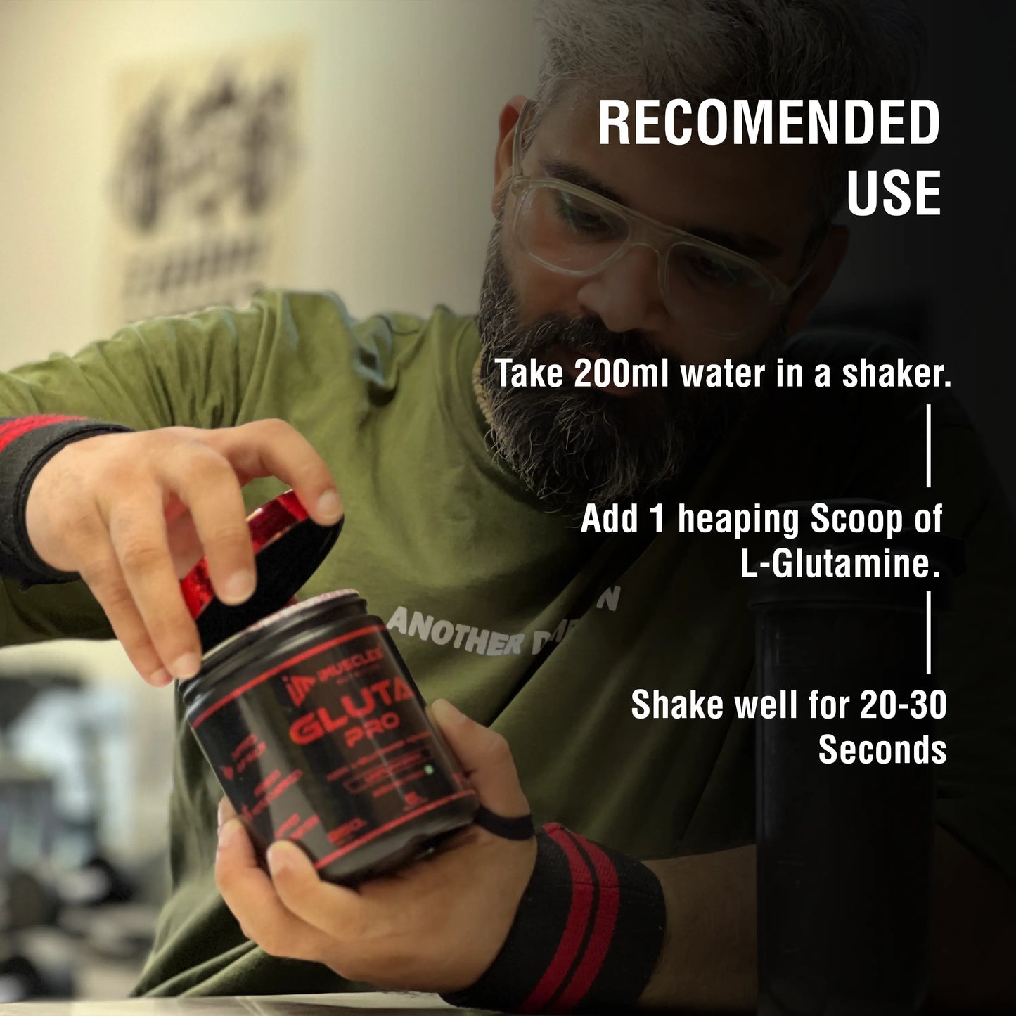 iMuscles Nutrition banner for Gluta Pro, a high-strength 100% L-Glutamine powder. The image shows a hand holding a 250g black and red tub against a dark textured background. Text highlights muscle recovery, immunity support, and gut health benefits.