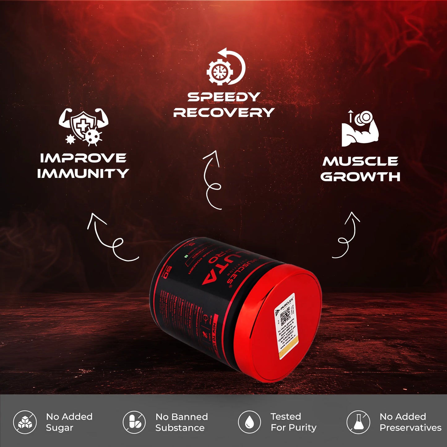 iMuscles Nutrition banner for Gluta Pro, a high-strength 100% L-Glutamine powder. The image shows a hand holding a 250g black and red tub against a dark textured background. Text highlights muscle recovery, immunity support, and gut health benefits.