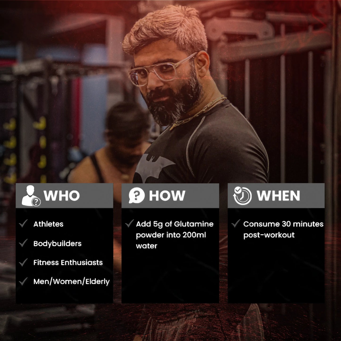 iMuscles Nutrition banner for Gluta Pro, a high-strength 100% L-Glutamine powder. The image shows a hand holding a 250g black and red tub against a dark textured background. Text highlights muscle recovery, immunity support, and gut health benefits.