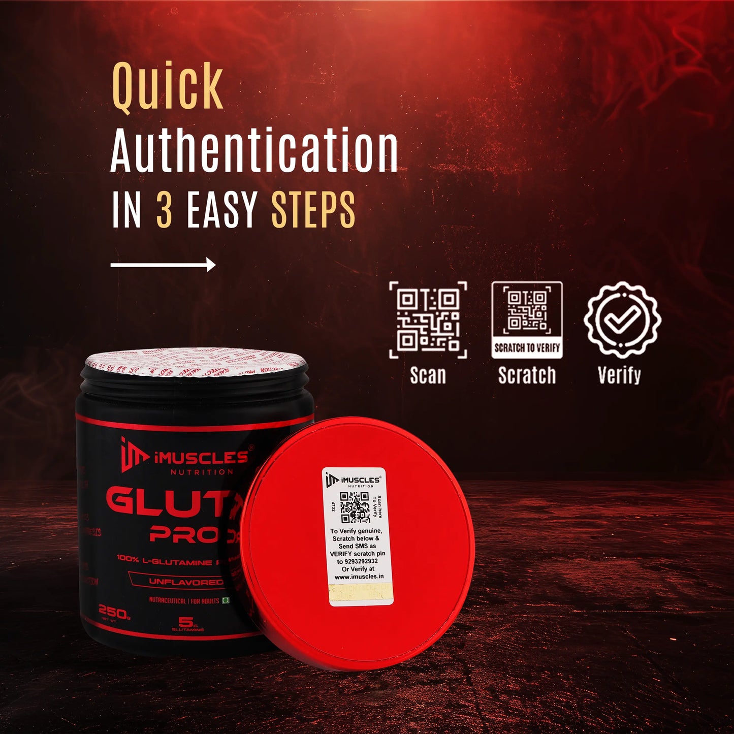 iMuscles Nutrition banner for Gluta Pro, a high-strength 100% L-Glutamine powder. The image shows a hand holding a 250g black and red tub against a dark textured background. Text highlights muscle recovery, immunity support, and gut health benefits.