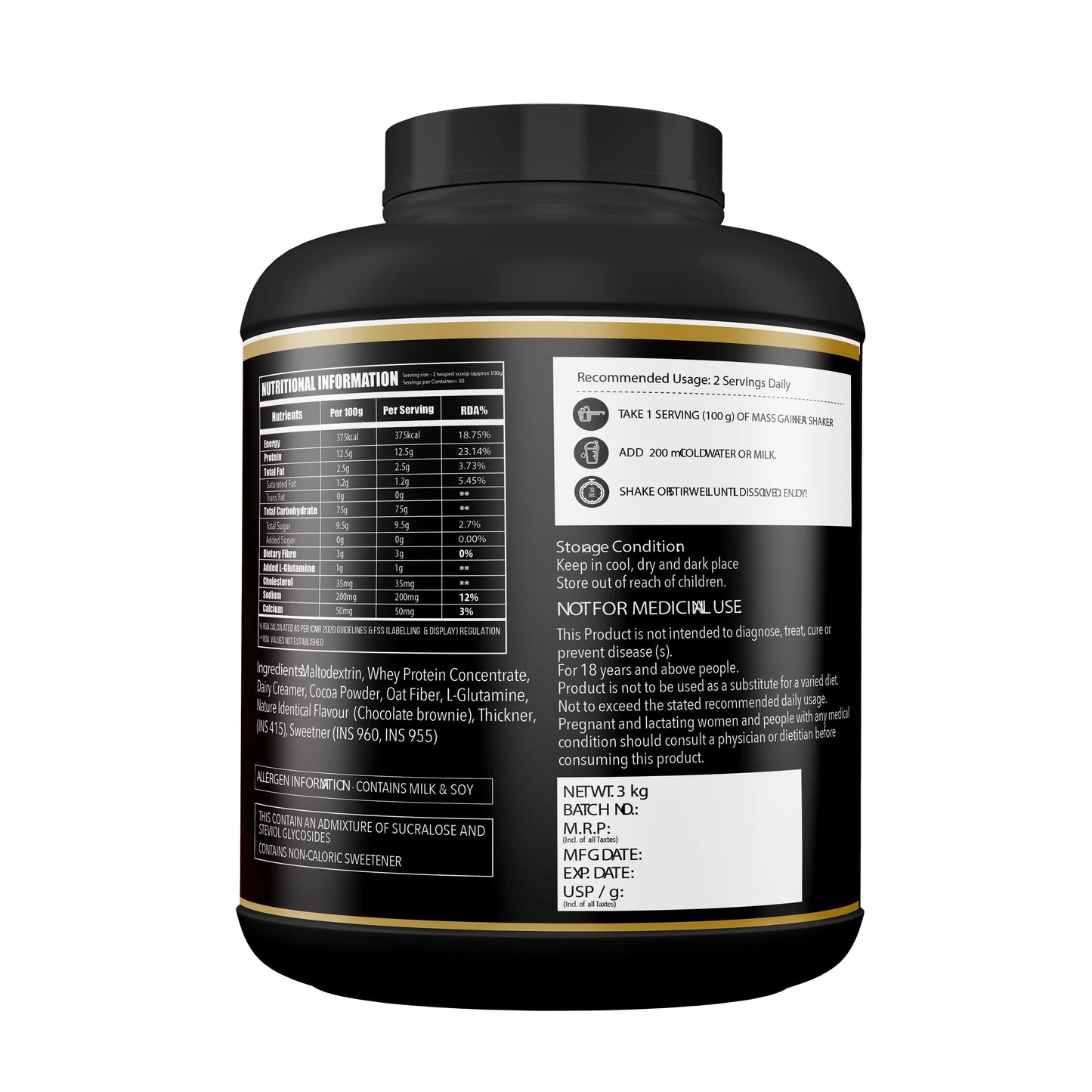 Gainz4Ever Mass Gainer Chocolate Brownie 3kg nutritional supplement