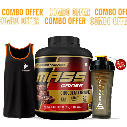 GAINZ4EVER Mass Gainer (Chocolate Brownie) Combo – with FREE iMuscles Shaker & Gym Vest iMuscles Nutrition