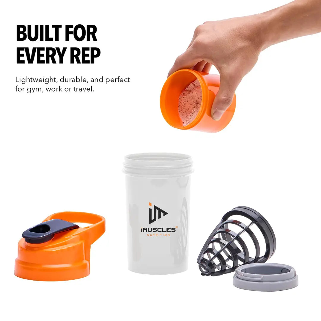 An infographic titled "FEATURES" for the iMuscles Nutrition spider shaker, referenced as yellow 3.png. It shows an exploded view of the product's components: a leak-proof lid and cap, a tornado blender insert, a 600 ml jar, and a compartment for storage. Icons on the right side highlight that the shaker is BPA-free, easy to clean, a recyclable product, leakproof, and freezer safe.