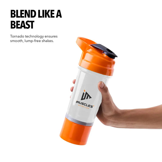 An infographic titled "FEATURES" for the iMuscles Nutrition spider shaker, referenced as yellow 3.png. It shows an exploded view of the product's components: a leak-proof lid and cap, a tornado blender insert, a 600 ml jar, and a compartment for storage. Icons on the right side highlight that the shaker is BPA-free, easy to clean, a recyclable product, leakproof, and freezer safe.