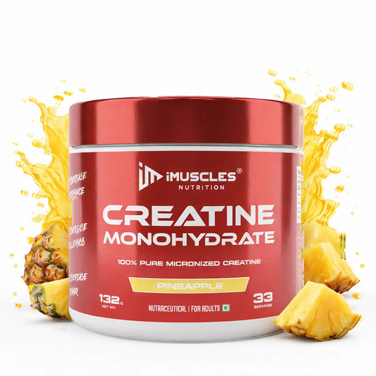 iMuscles Nutrition banner for High Potency 100% Pure Creatine Monohydrate. A hand holds a 249g white and red jar against a dark red background. Text highlights 83 servings, 3g per serving, and its formula for better muscle performance.