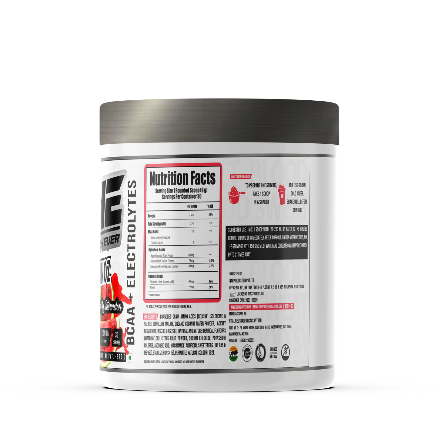 A promotional graphic for GAINZ 4 EVER AMINOZ Refreshing Watermelon Intra & Post Workout Supplement. The white 270g jar features a watermelon illustration and lists key ingredients including L-Leucine, L-Isoleucine, L-Valine, and L-Citrulline. It highlights 5.0g BCAA, 650mg Hydration Matrix, and 50% RDA Vitamin C per serving.