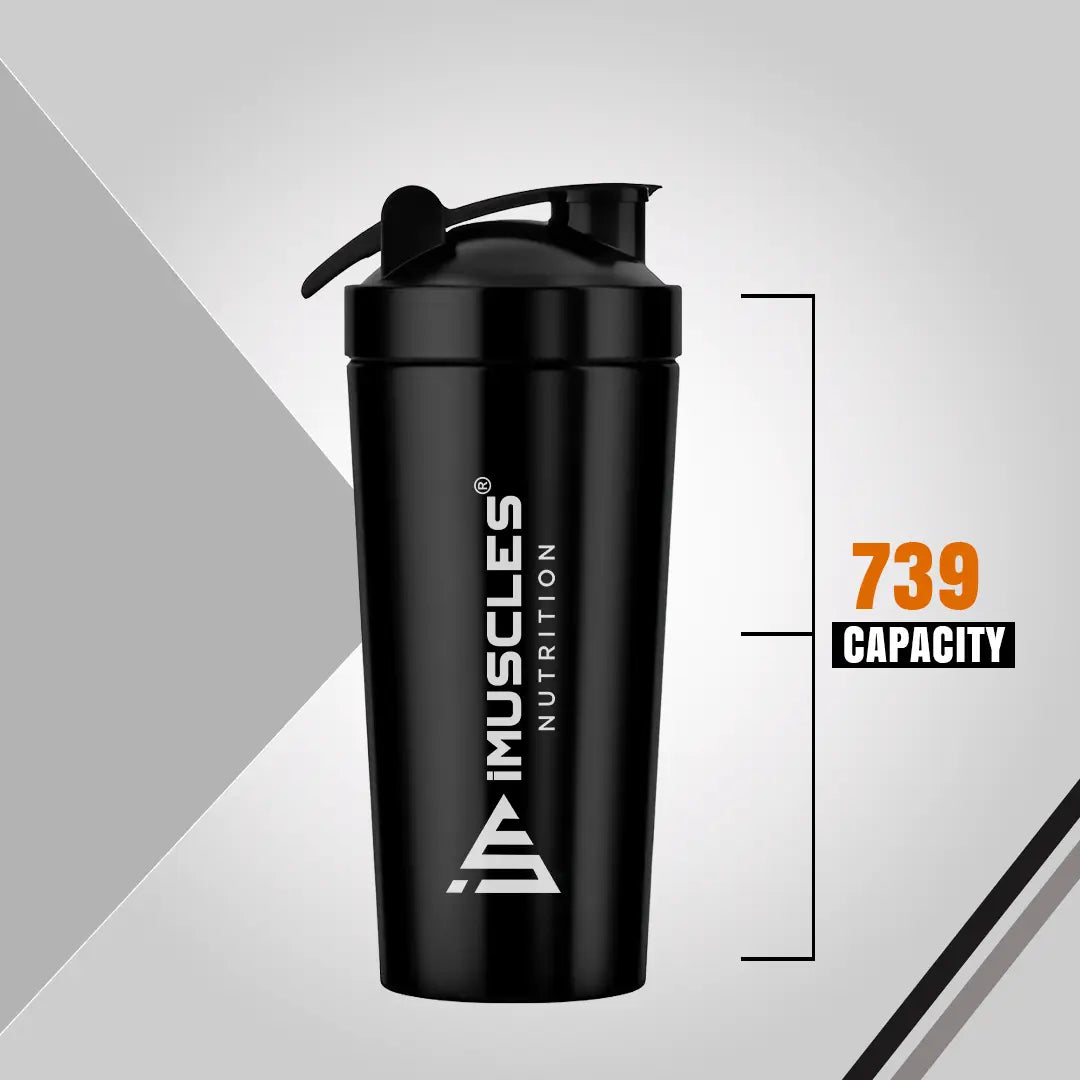 A detailed product infographic for the iMuscles Nutrition stainless steel shaker, referenced as black 4.jpg. The left side highlights key features such as being odor-free, easy to clean, recyclable, leak-proof, freezer safe, and made of stainless steel, with a central note that the logo is "ENGRAVED NOT PRINTED". The right side features an exploded view of the 739ml jar, showing the leak-proof lid, leak-proof cap, and the included whisk ball.