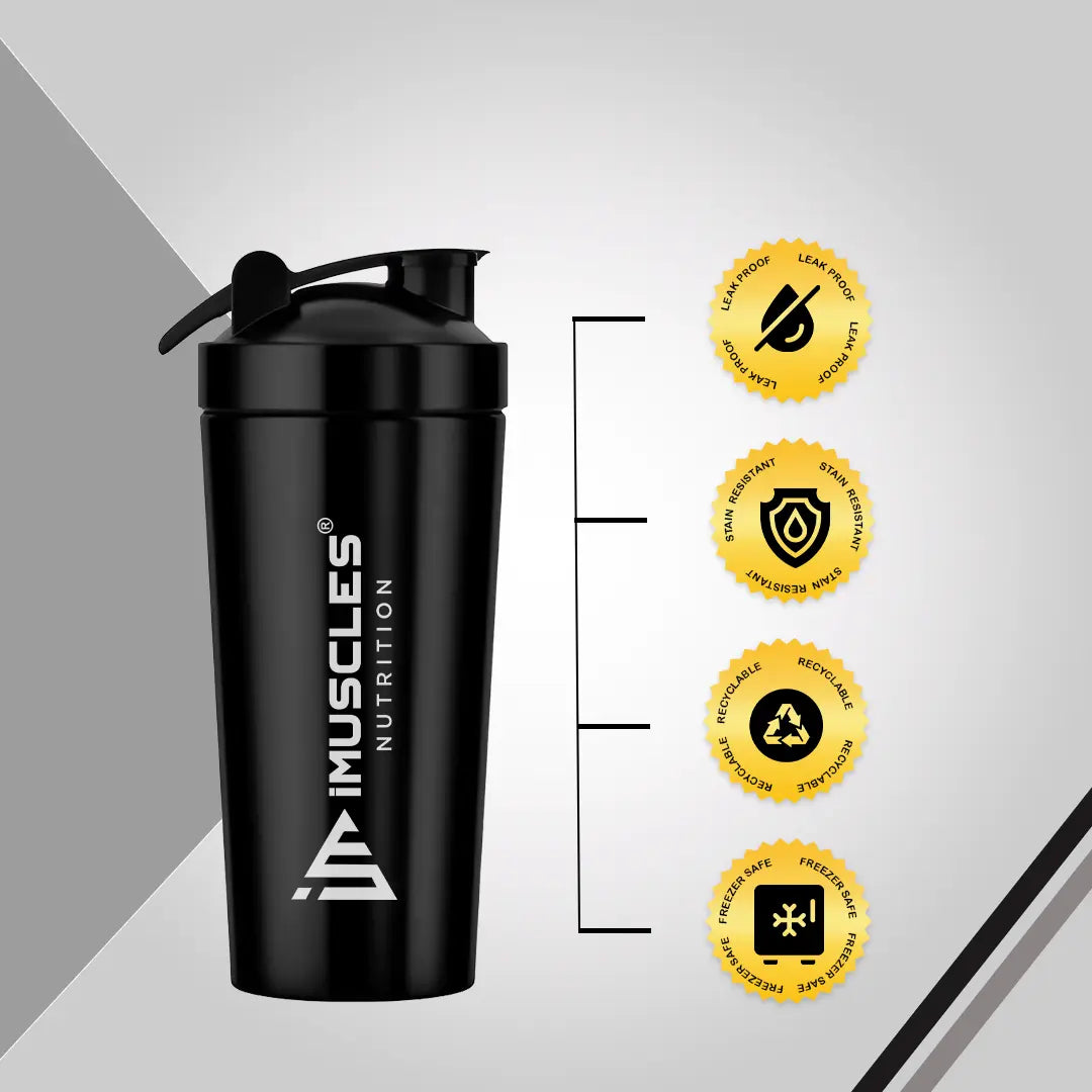 A detailed product infographic for the iMuscles Nutrition stainless steel shaker, referenced as black 4.jpg. The left side highlights key features such as being odor-free, easy to clean, recyclable, leak-proof, freezer safe, and made of stainless steel, with a central note that the logo is "ENGRAVED NOT PRINTED". The right side features an exploded view of the 739ml jar, showing the leak-proof lid, leak-proof cap, and the included whisk ball.