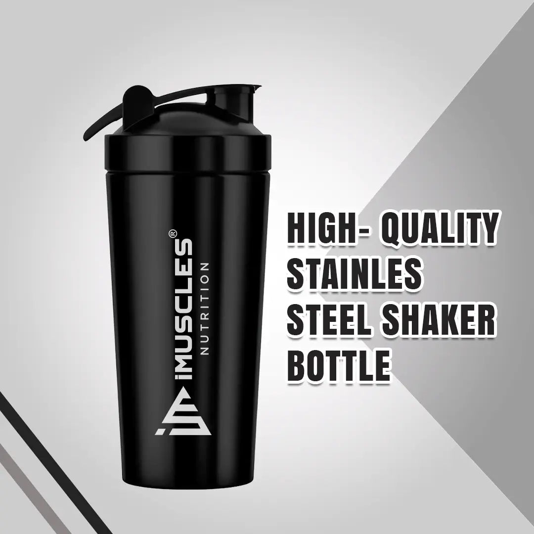 A detailed product infographic for the iMuscles Nutrition stainless steel shaker, referenced as black 4.jpg. The left side highlights key features such as being odor-free, easy to clean, recyclable, leak-proof, freezer safe, and made of stainless steel, with a central note that the logo is "ENGRAVED NOT PRINTED". The right side features an exploded view of the 739ml jar, showing the leak-proof lid, leak-proof cap, and the included whisk ball.