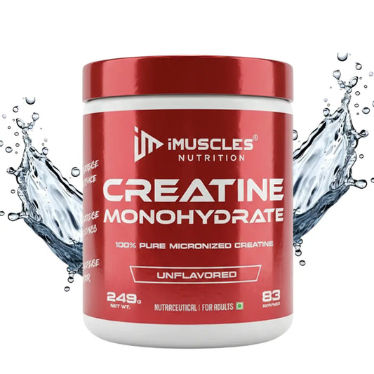 iMuscles Nutrition banner for High Potency 100% Pure Creatine Monohydrate. A hand holds a 249g white and red jar against a dark red background. Text highlights 83 servings, 3g per serving, and its formula for better muscle performance.