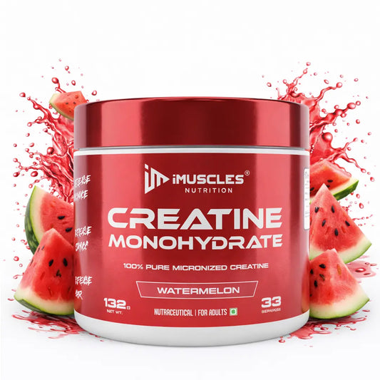 iMuscles Nutrition banner for High Potency 100% Pure Creatine Monohydrate. A hand holds a 249g white and red jar against a dark red background. Text highlights 83 servings, 4g per serving, and its formula for better muscle performance.