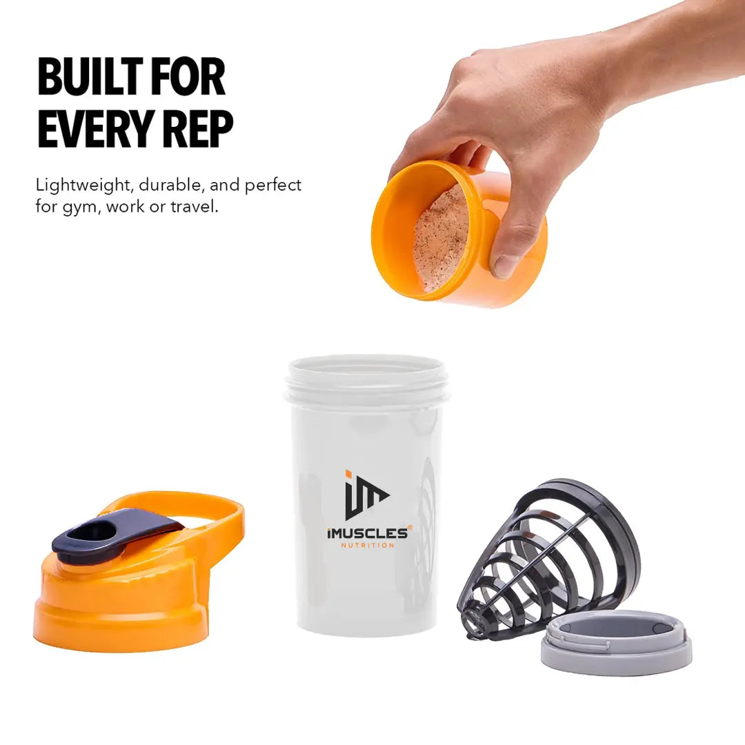 An infographic titled "FEATURES" for the iMuscles Nutrition spider shaker, referenced as yellow 3.png. It shows an exploded view of the product's components: a leak-proof lid and cap, a tornado blender insert, a 600 ml jar, and a compartment for storage. Icons on the right side highlight that the shaker is BPA-free, easy to clean, a recyclable product, leakproof, and freezer safe.
