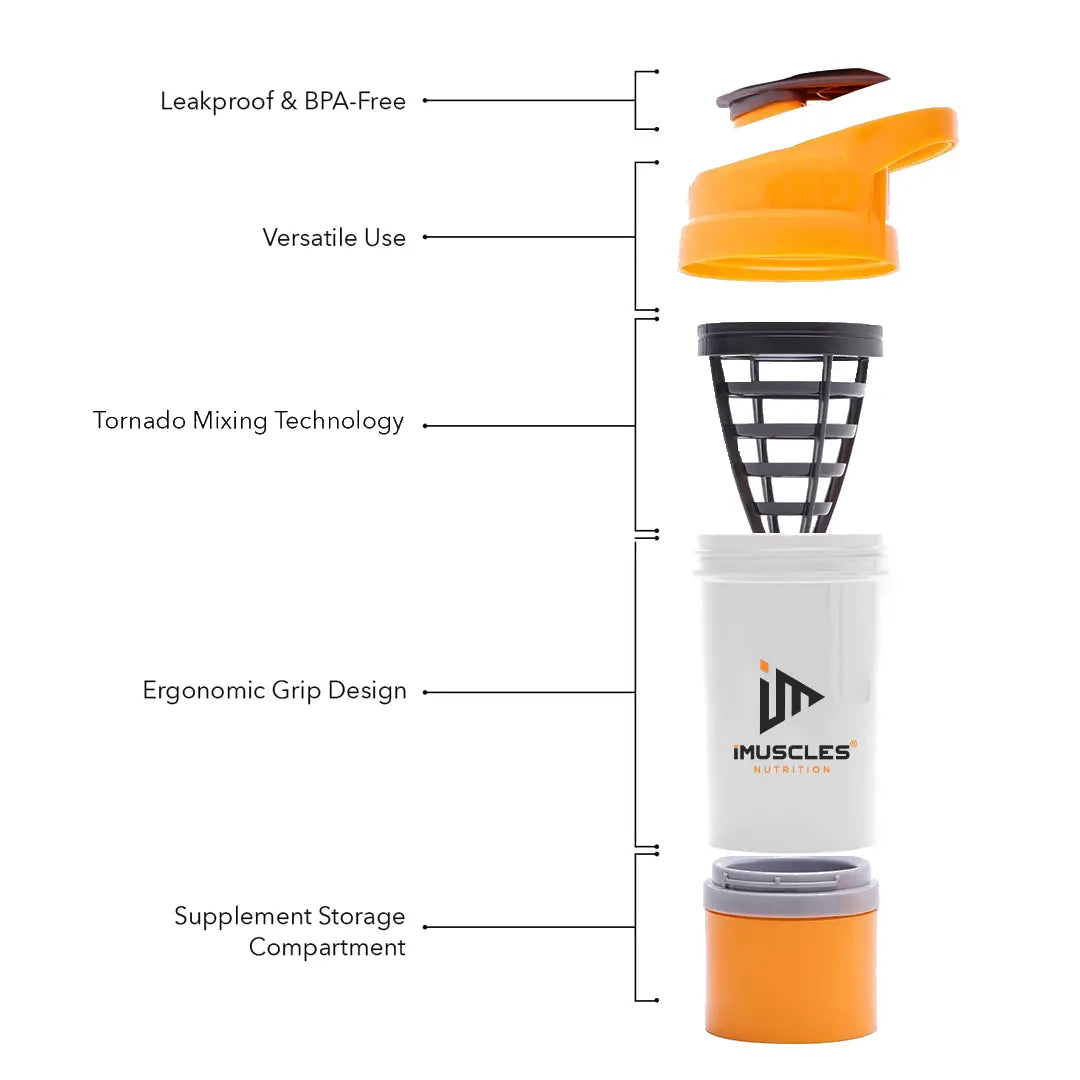 An infographic titled "FEATURES" for the iMuscles Nutrition spider shaker, referenced as yellow 3.png. It shows an exploded view of the product's components: a leak-proof lid and cap, a tornado blender insert, a 600 ml jar, and a compartment for storage. Icons on the right side highlight that the shaker is BPA-free, easy to clean, a recyclable product, leakproof, and freezer safe.