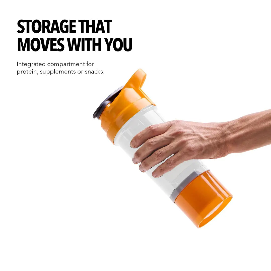 An infographic titled "FEATURES" for the iMuscles Nutrition spider shaker, referenced as yellow 3.png. It shows an exploded view of the product's components: a leak-proof lid and cap, a tornado blender insert, a 600 ml jar, and a compartment for storage. Icons on the right side highlight that the shaker is BPA-free, easy to clean, a recyclable product, leakproof, and freezer safe.