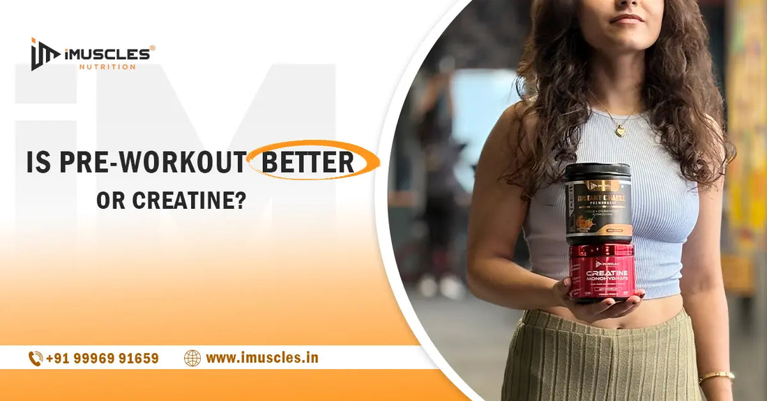 Woman holding iMuscles Pre-Workout and Creatine Monohydrate supplements in gym, highlighting comparison of pre-workout vs creatine for performance and muscle support