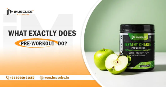 iMuscles Nutrition Instant Charge Pre-Workout supplement jar with green apple flavor, highlighting focus, energy and pump benefits for workout performance