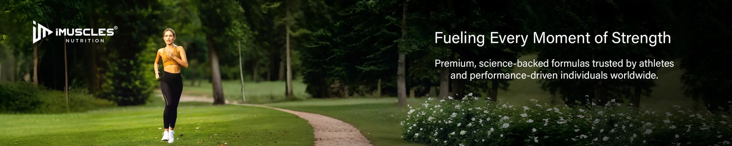 A panoramic brand banner for iMuscles Nutrition, referenced as Health & wellness_2.jpg. The image features a woman in athletic wear running along a winding path in a lush, green park filled with trees and white flowers.