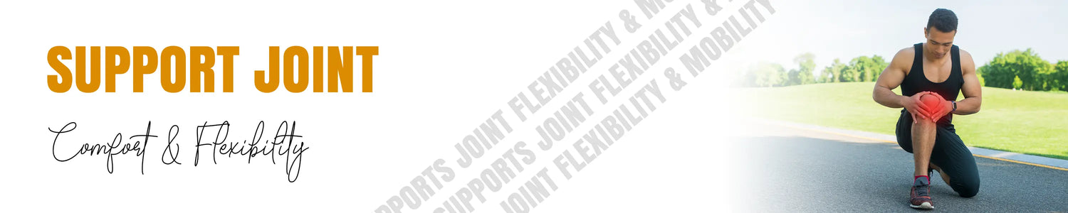A fitness banner titled "SUPPORT JOINT Comfort & Flexibility." It displays an athletic man outdoors kneeling on a track while holding his knee, which features a red glowing highlight to indicate joint