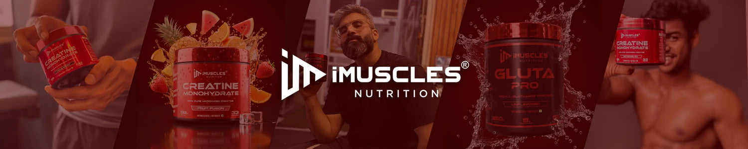 A panoramic brand banner for iMuscles Nutrition, referenced as post workout_2.jpg. The banner is divided into diagonal sections with a deep red color theme.