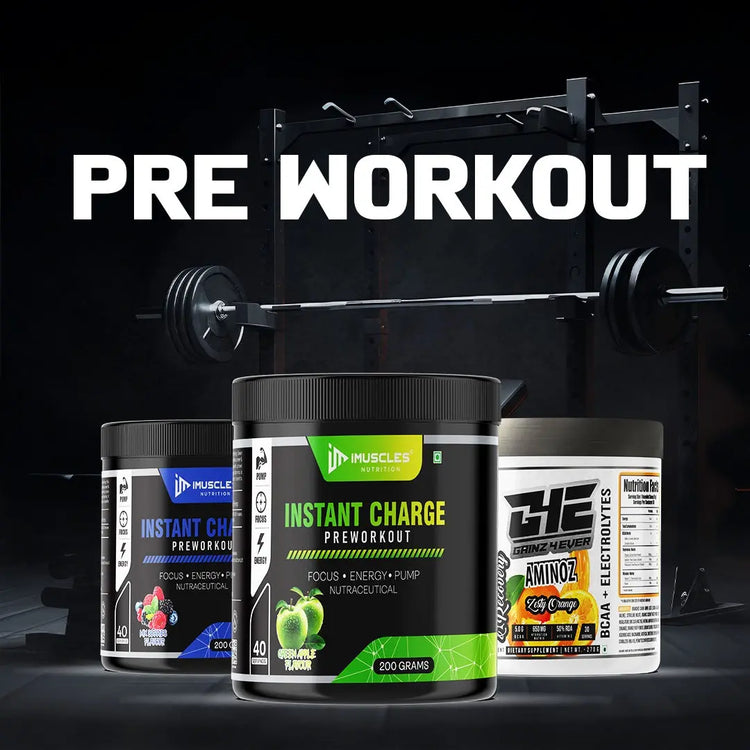 Buy pre workout supplements online featuring iMuscles Nutrition Instant Charge Preworkout in various flavors.