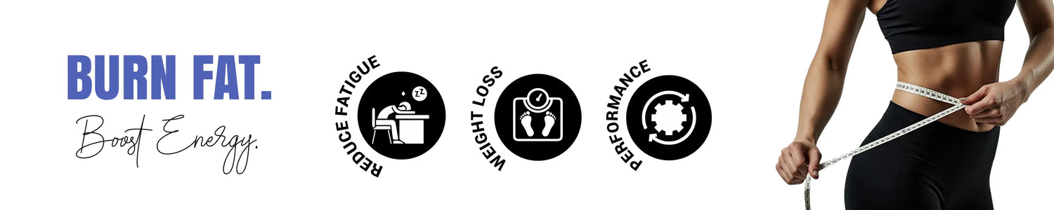 A fitness banner titled "BURN FAT. Boost Energy." It features three circular icons in the center representing Reduce Fatigue, Weight Loss, and Performance.