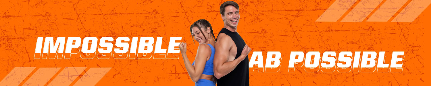 Orange iMuscles Nutrition banner featuring a fitness man and woman standing back-to-back flexing, with the bold slogan "IMPOSSIBLE AB POSSIBLE."