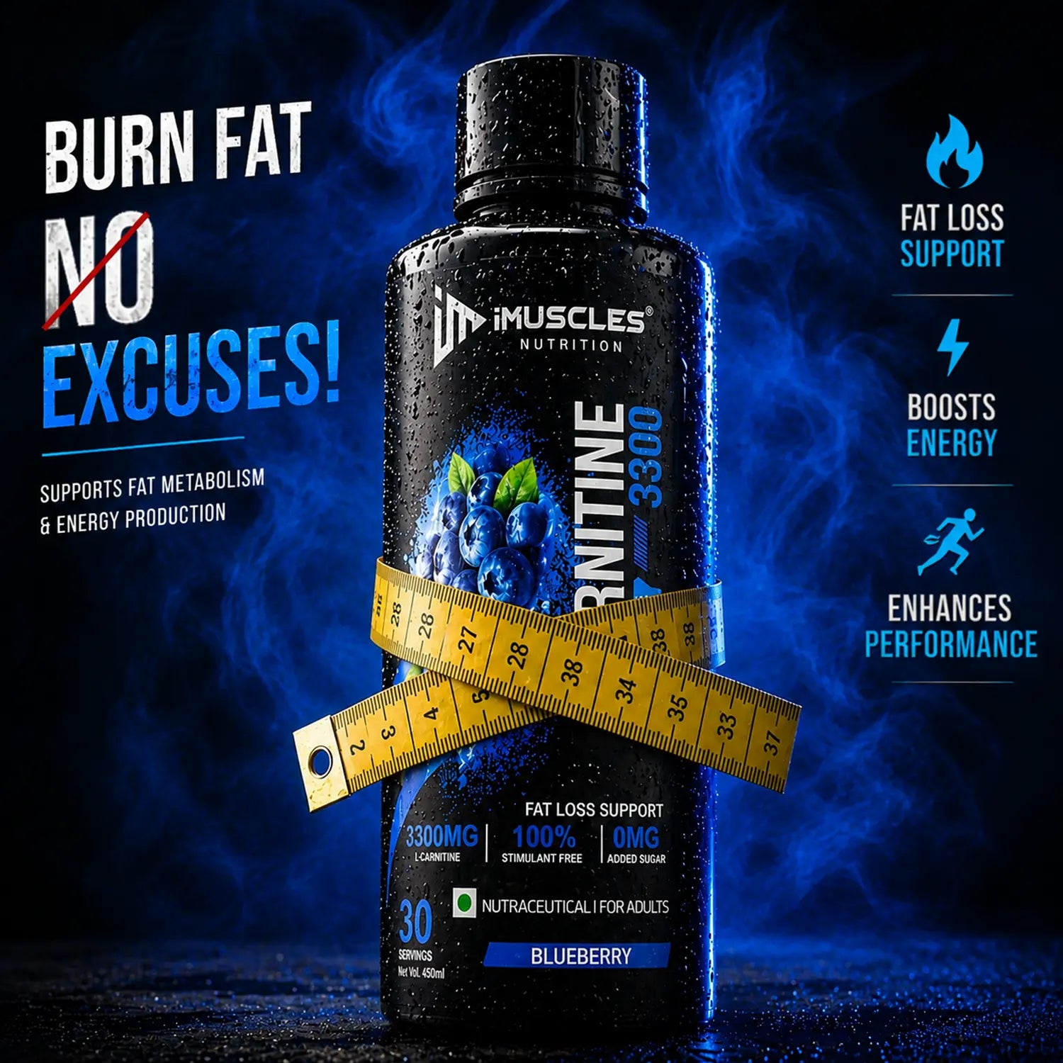 A promotional advertisement for "1_2.jpg" featuring iMuscles Nutrition L-Carnitine 3300 in Blueberry flavor. The bottle, wrapped in a measuring tape against a smoky blue background, highlights key benefits: fat loss support, energy production, fat metabolism enhancement, and performance boosting. It emphasizes "Burn Fat, No Excuses!" with zero added sugar.