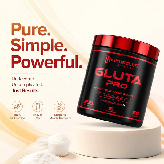 Product shot of 1.jpg showing a tub of iMuscles Nutrition Gluta Pro, a 100% L-Glutamine unflavored powder, displayed on a pedestal with a scoop of white powder, highlighting benefits like muscle recovery and easy mixing for fitness enthusiasts.