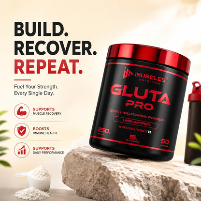 Product marketing image of 2.jpg featuring a tub of iMuscles Nutrition Gluta Pro on a rock, with text highlighting benefits like muscle recovery, immune health, and daily performance, alongside a scoop of 100% L-Glutamine unflavored powder and a shaker bottle in a natural, fitness-focused setting.