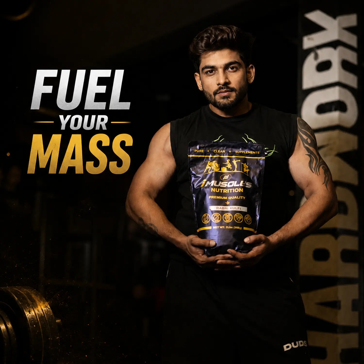 A "How to Use" infographic for "6_3.jpg" detailing iMuscles Nutrition Super Mass Gainer. It shows instructions: mix 4 scoops with 600ml of liquid and shake for 30 seconds. It also suggests usage times: at breakfast, between meals, and before bed to support muscle growth and caloric intake.