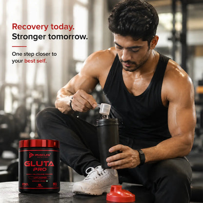 A fitness-focused promotional image of 5.jpg showing an athletic man in a gym adding a scoop of iMuscles Nutrition Gluta Pro powder into a shaker bottle, with the text "Recovery today. Stronger tomorrow." promoting the benefits of this 100% L-Glutamine unflavored supplement for post-workout muscle recovery.