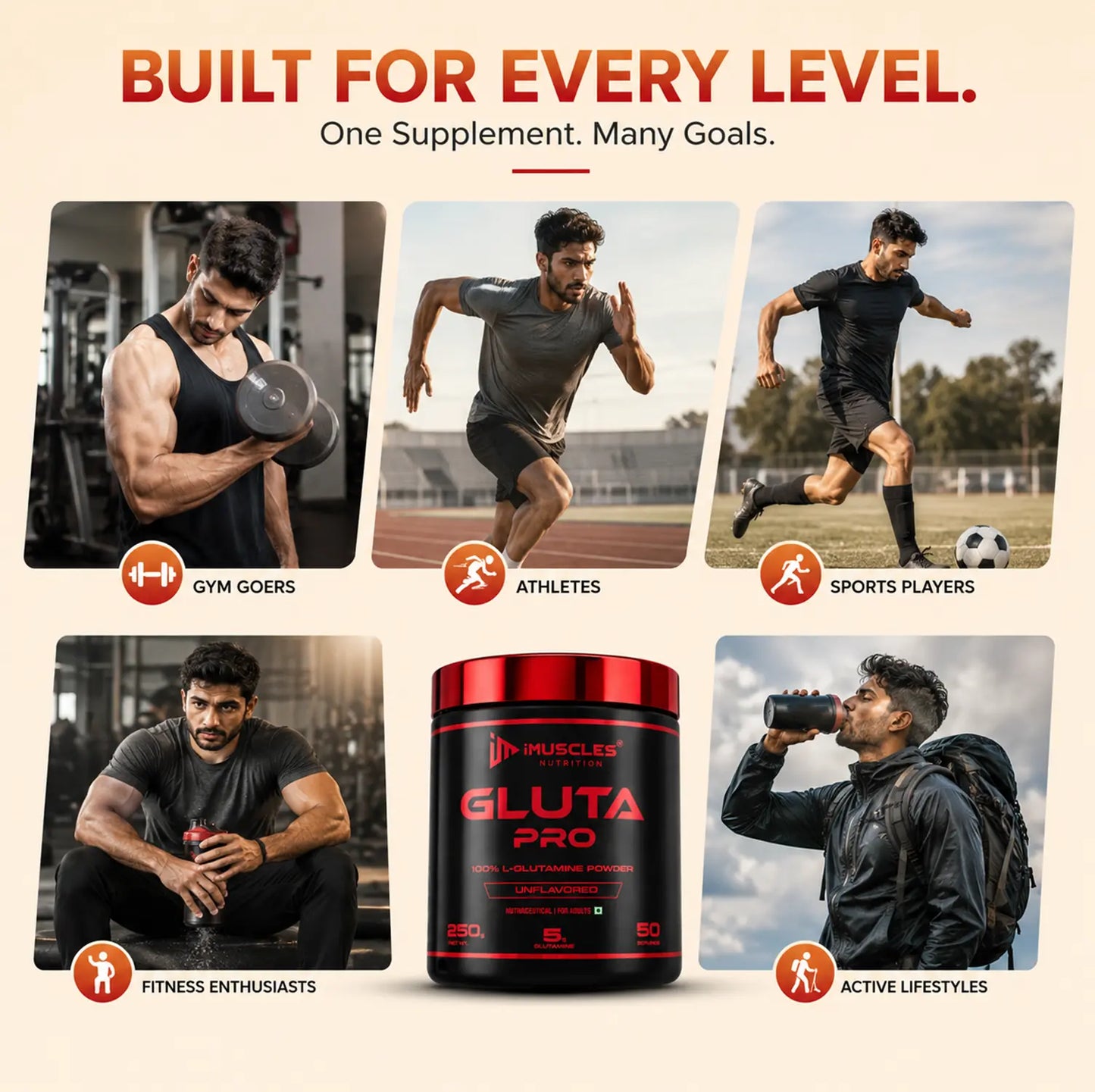 A promotional graphic for 6.jpg featuring iMuscles Nutrition Gluta Pro, showcasing its versatility for different individuals including gym goers, athletes, sports players, fitness enthusiasts, and those with active lifestyles, highlighting it as the perfect L-Glutamine powder for diverse fitness goals and daily performance.