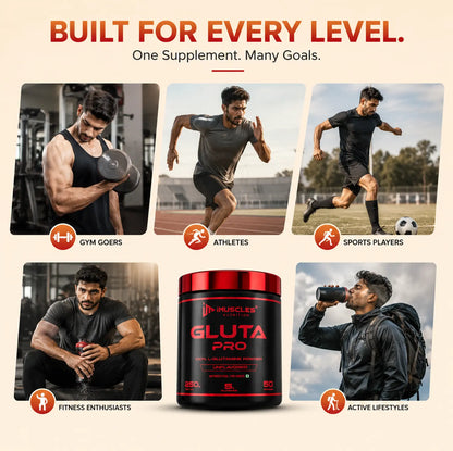 A promotional graphic for 6.jpg featuring iMuscles Nutrition Gluta Pro, showcasing its versatility for different individuals including gym goers, athletes, sports players, fitness enthusiasts, and those with active lifestyles, highlighting it as the perfect L-Glutamine powder for diverse fitness goals and daily performance.