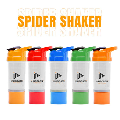 An infographic titled "FEATURES" for the iMuscles Nutrition spider shaker, referenced as yellow 3.png. It shows an exploded view of the product's components: a leak-proof lid and cap, a tornado blender insert, a 600 ml jar, and a compartment for storage. Icons on the right side highlight that the shaker is BPA-free, easy to clean, a recyclable product, leakproof, and freezer safe.