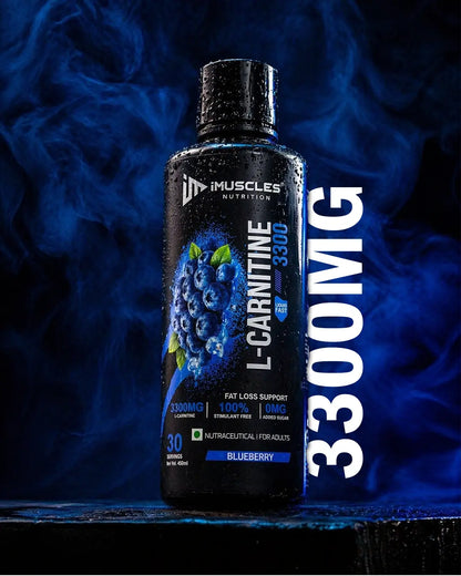 A black bottle of iMuscles Nutrition L-Carnitine 3300 Blueberry flavor health supplement. The label features a splash of blueberries and ice, highlighting "Fat Loss Support," "100% Stimulant Free," and "0mg Added Sugar". It is a 450ml bottle containing 30 servings.