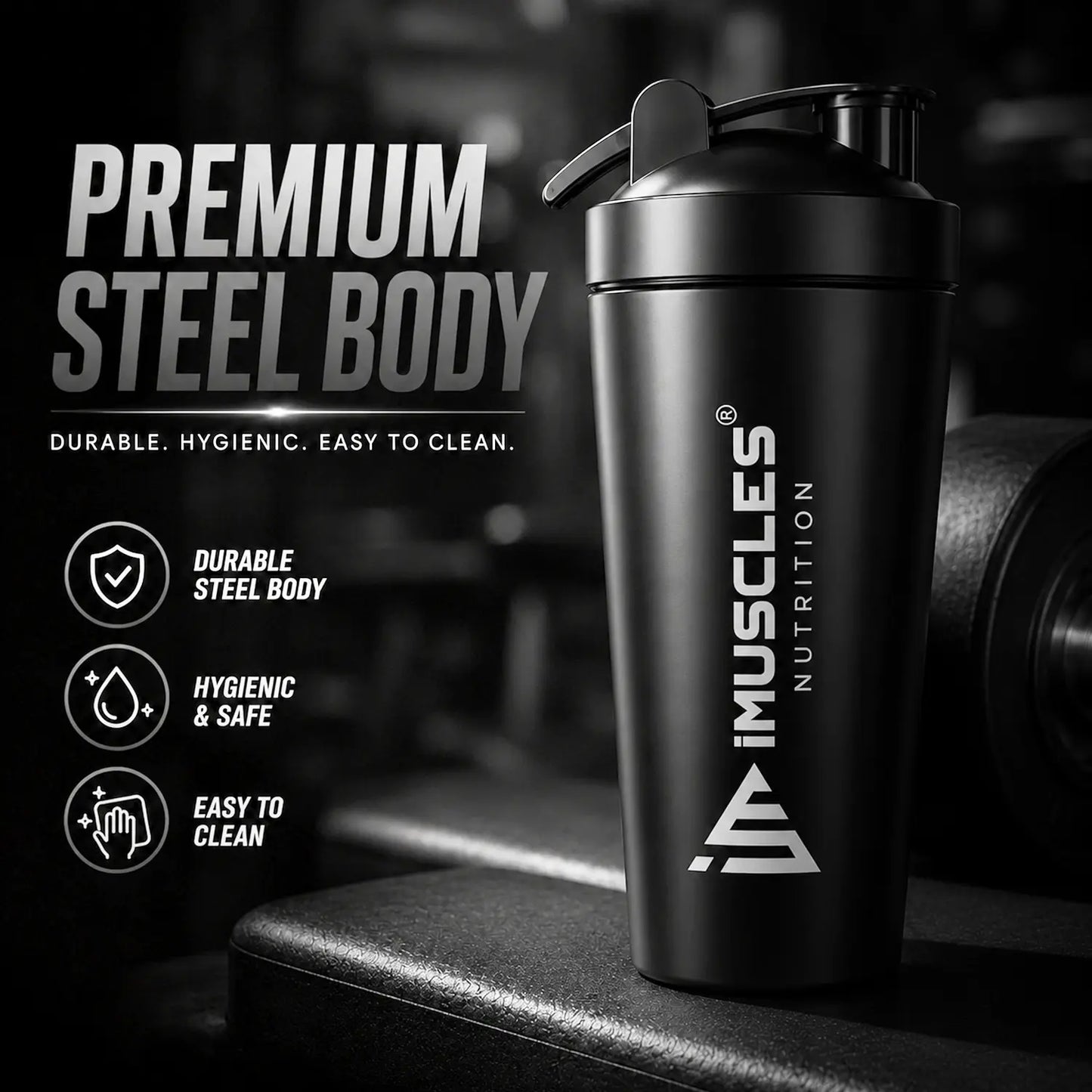 A promotional advertisement for "BLUE 1.1.jpg" featuring a premium blue steel shaker bottle from iMuscles Nutrition. The text highlights its durable, hygienic, and easy-to-clean design, showcasing it as a reliable fitness accessory for gym-goers needing a safe and high-quality container for their supplements and workout drinks.