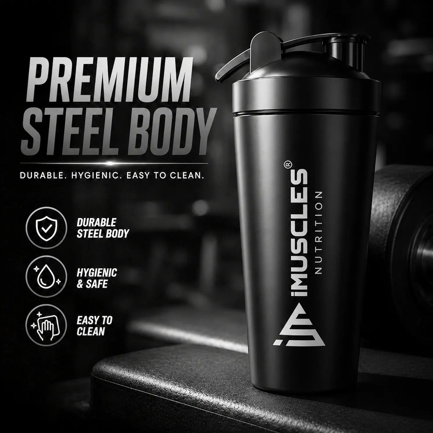 A promotional advertisement for "BLUE 1.1.jpg" featuring a premium blue steel shaker bottle from iMuscles Nutrition. The text highlights its durable, hygienic, and easy-to-clean design, showcasing it as a reliable fitness accessory for gym-goers needing a safe and high-quality container for their supplements and workout drinks.
