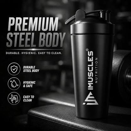 A promotional advertisement for "BLUE 1.1.jpg" featuring a premium blue steel shaker bottle from iMuscles Nutrition. The text highlights its durable, hygienic, and easy-to-clean design, showcasing it as a reliable fitness accessory for gym-goers needing a safe and high-quality container for their supplements and workout drinks.