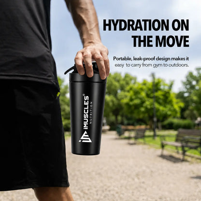 A promotional advertisement for "BLUE 1. 2.jpg" featuring a person carrying a blue iMuscles Nutrition shaker bottle in a park. Titled "Hydration on the Move," the graphic highlights the product's portable, leak-proof design, making it convenient to transport from the gym to outdoor activities.