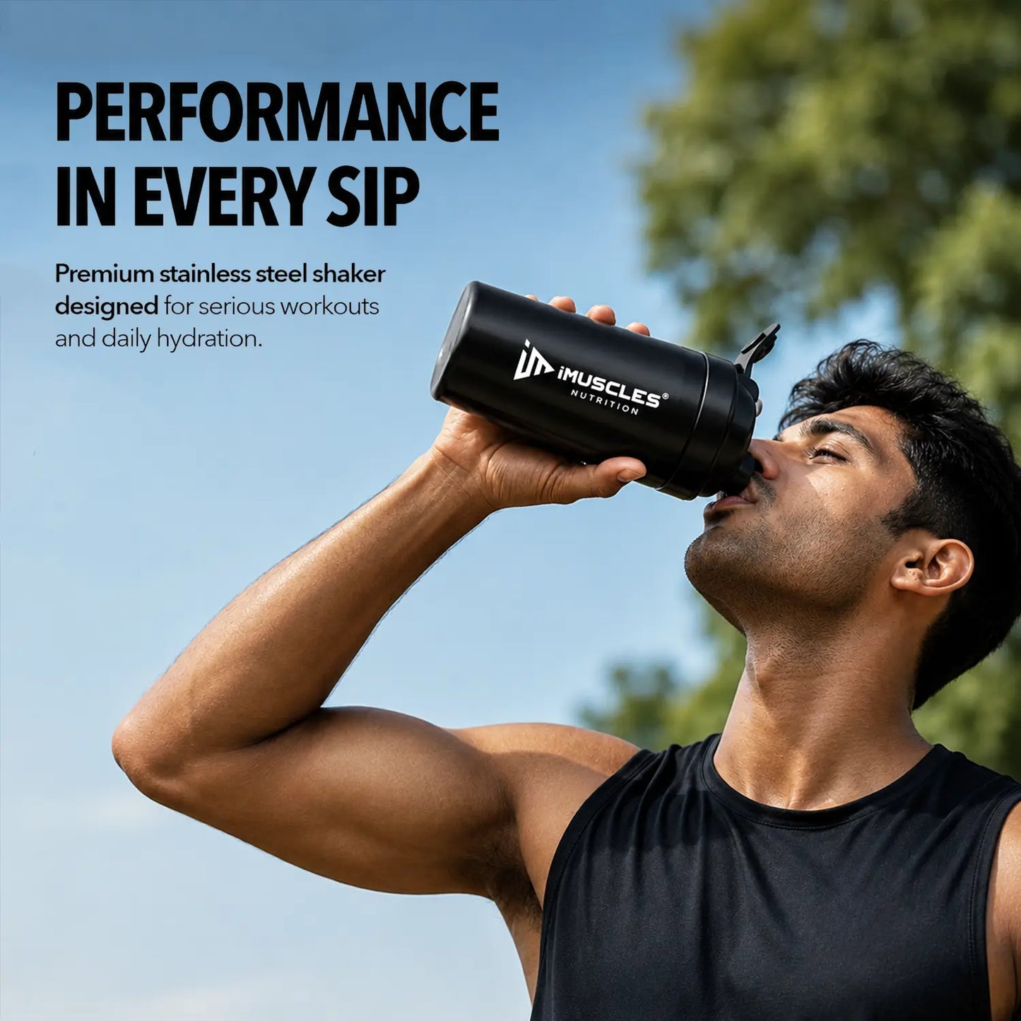 A promotional advertisement for "BLUE 1. 3.jpg" featuring an athlete drinking from a premium blue stainless steel iMuscles Nutrition shaker bottle. The graphic, titled "Performance in Every Sip," highlights the bottle's design for serious workouts and daily hydration, emphasizing both durability and functionality for active users.