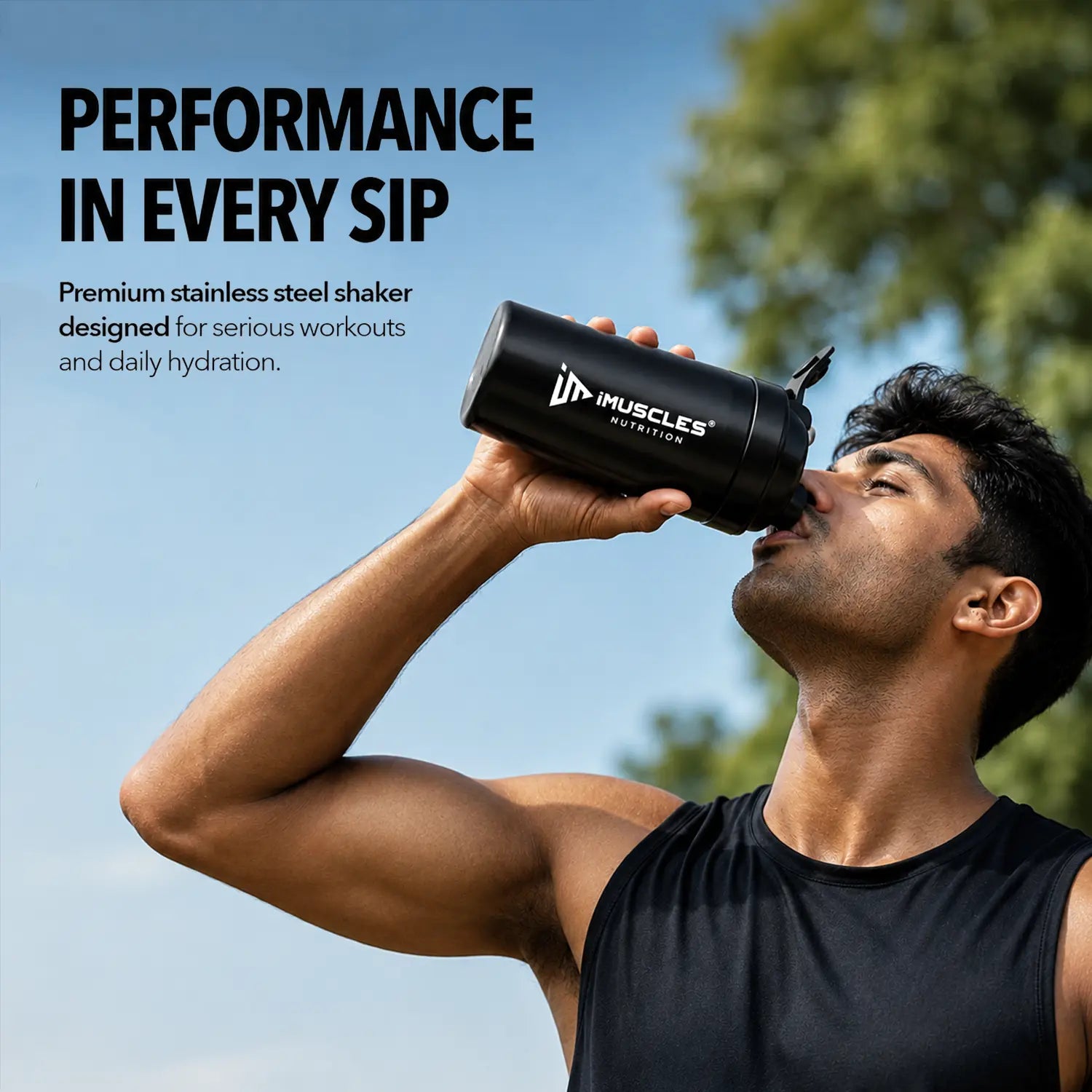 A promotional advertisement for "BLUE 1. 3.jpg" featuring an athlete drinking from a premium blue stainless steel iMuscles Nutrition shaker bottle. The graphic, titled "Performance in Every Sip," highlights the bottle's design for serious workouts and daily hydration, emphasizing both durability and functionality for active users.