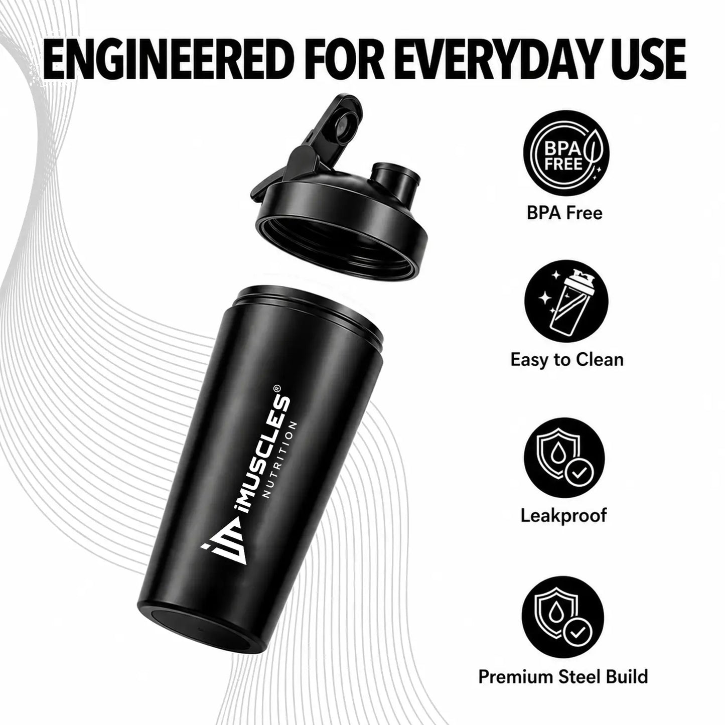 A promotional graphic for "BLUE 1. 4.jpg" titled "Engineered for Everyday Use," featuring a blue iMuscles Nutrition shaker bottle. The image highlights key product features: BPA-free, easy to clean, leakproof, and a premium steel build, emphasizing its durability and safety for daily use.