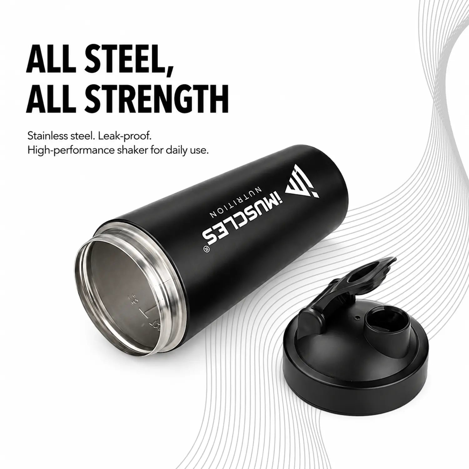 A promotional advertisement for "BLUE 1. 5.jpg" featuring a blue iMuscles Nutrition stainless steel shaker bottle with its lid open. The graphic, titled "All Steel, All Strength," emphasizes its leak-proof, high-performance design, highlighting the durability and strength required for daily use by athletes and fitness enthusiasts.