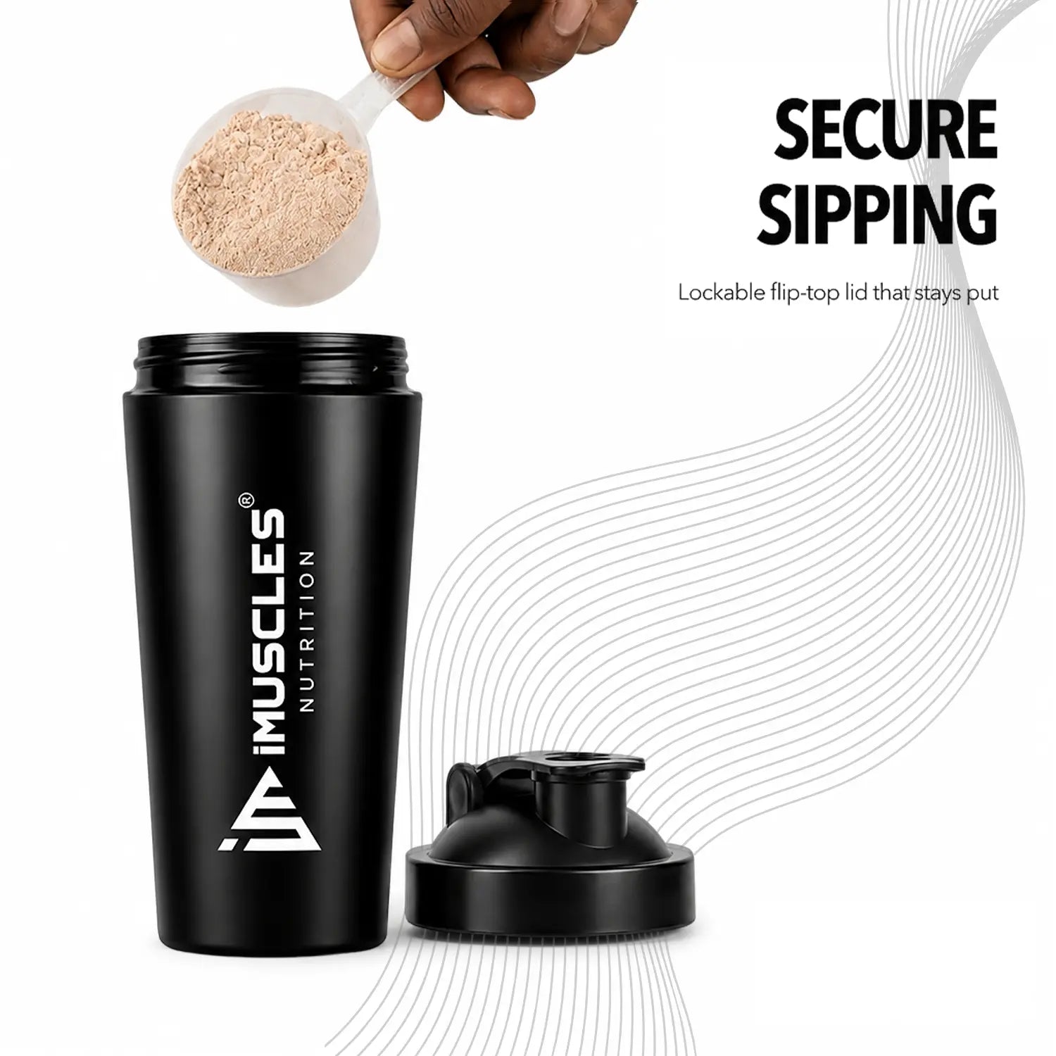 A promotional graphic for "BLUE 1. 6.jpg" showcasing a blue iMuscles Nutrition shaker bottle being filled with protein powder. The image highlights the "Secure Sipping" feature, featuring a lockable flip-top lid that stays firmly in place during use, ensuring a mess-free experience for athletes and gym-goers.