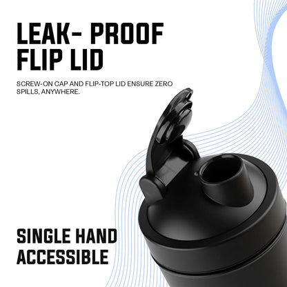 A promotional graphic for "BLUE 1. 8.jpg" highlighting the leak-proof flip lid design of an iMuscles Nutrition shaker bottle. The image emphasizes its screw-on cap and flip-top lid, which ensure zero spills anywhere and provide convenient single-hand accessibility for active users.