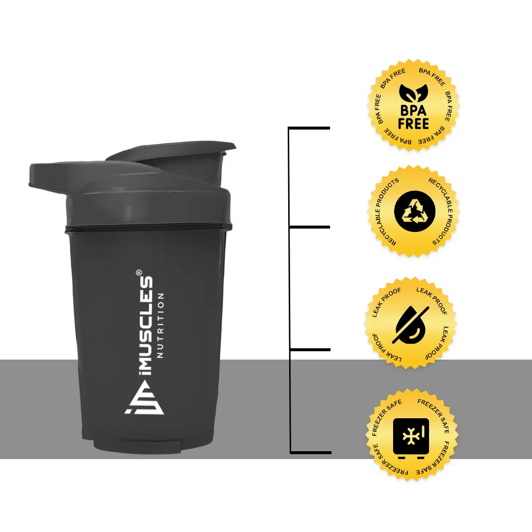 A promotional banner for the iMuscles Nutrition black shaker bottle titled black 1.png. On the left side, bold dark gray text on a light gray background reads "SHAKE UP SUCCEED" and "YOUR FITNESS GAME CHANGER". The right side features a 500 ml sleek black shaker bottle and a matching black mixing ball, labeled with "VERSATILITY" and "500 ML