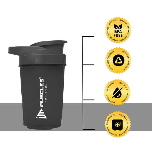 A promotional banner for the iMuscles Nutrition black shaker bottle titled black 1.png. On the left side, bold dark gray text on a light gray background reads "SHAKE UP SUCCEED" and "YOUR FITNESS GAME CHANGER". The right side features a 500 ml sleek black shaker bottle and a matching black mixing ball, labeled with "VERSATILITY" and "500 ML