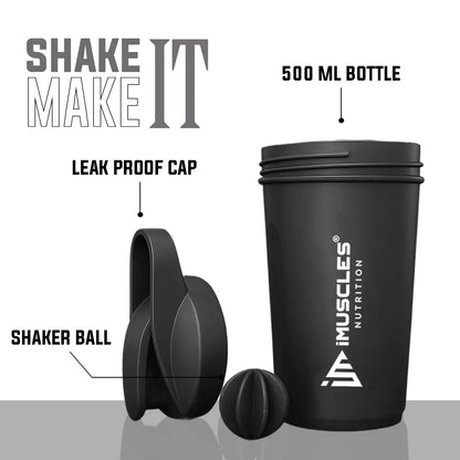 A promotional banner for the iMuscles Nutrition black shaker bottle titled black 1.png. On the left side, bold dark gray text on a light gray background reads "SHAKE UP SUCCEED" and "YOUR FITNESS GAME CHANGER". The right side features a 500 ml sleek black shaker bottle and a matching black mixing ball, labeled with "VERSATILITY" and "500 ML