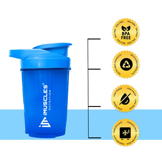 A promotional banner for the iMuscles Nutrition blue shaker bottle titled blue  1.png. On the left side, bold navy blue text on a light blue background reads "SHAKE UP SUCCEED" and "YOUR FITNESS GAME CHANGER." The right side showcases a 500 ml vibrant blue shaker bottle and a matching blue mixing ball, with labels highlighting "VERSATILITY" and "500 ML."